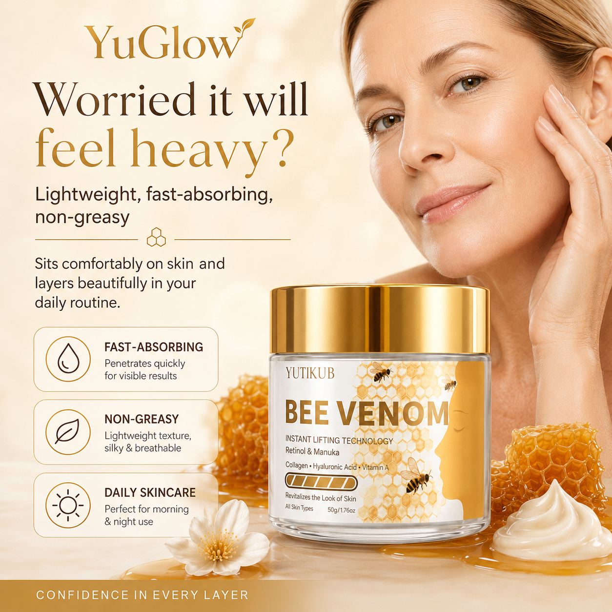 YuGlow Bee Venom Instant Lifting Cream – Firming & Hydrating Face Moisturiser